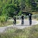 Three cyclists wearing helmets riding along a scenic paved path